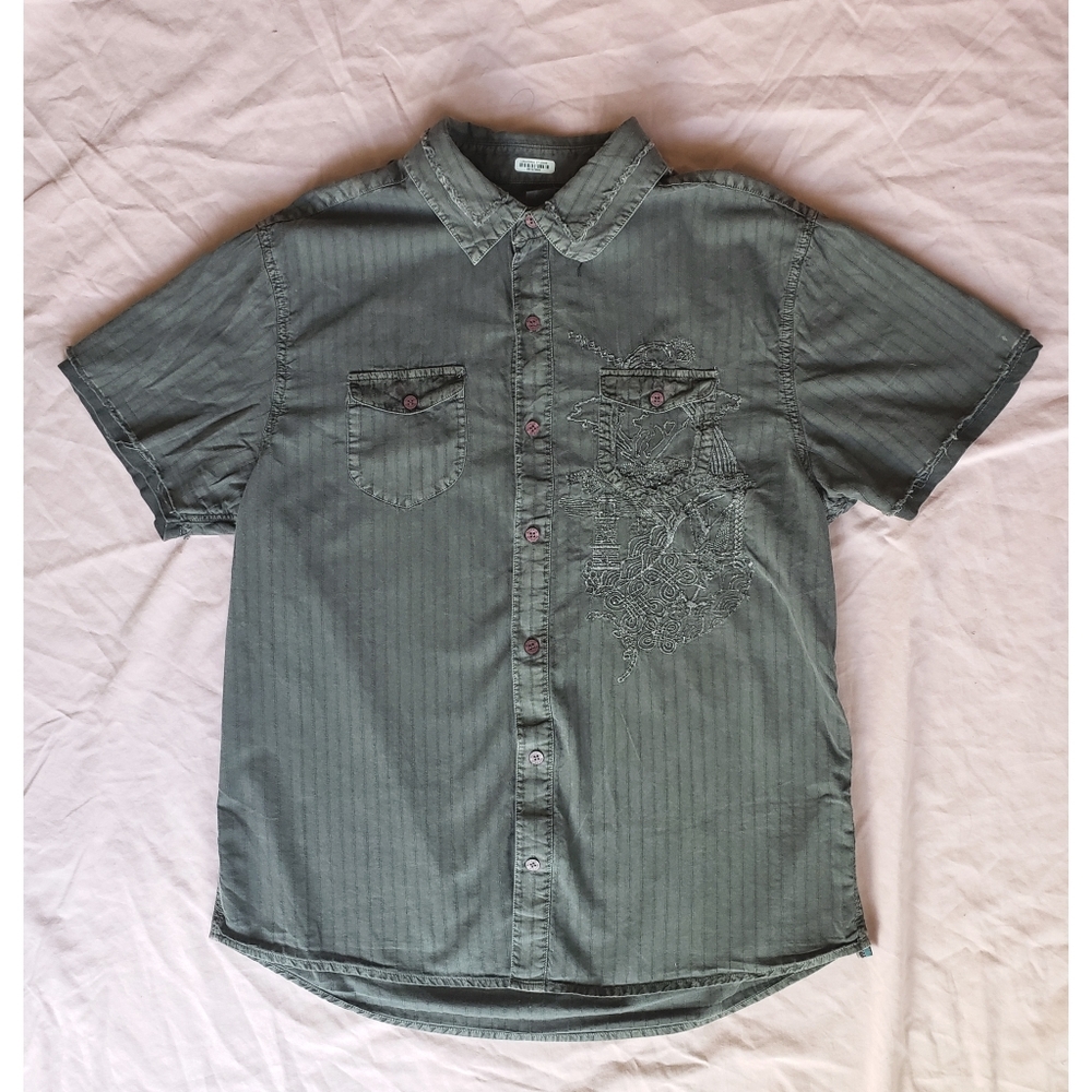 Gray Distressed Short Sleeve Button-up
